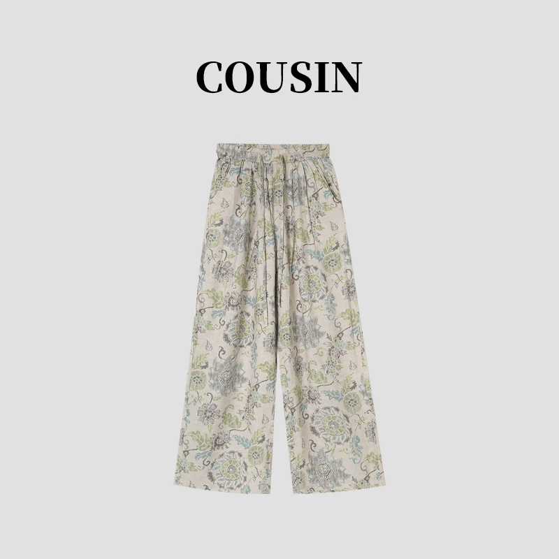 D.cousin印花设计款复古百搭显瘦阔腿裤女  2777