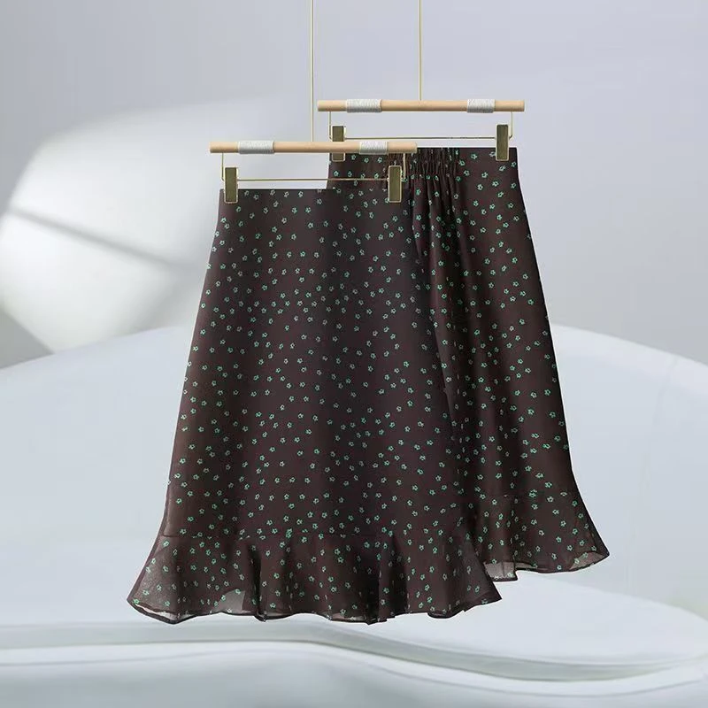 夏季高腰松紧带印花半身裙圆点百搭显瘦包臀鱼尾短裙时髦小姨风