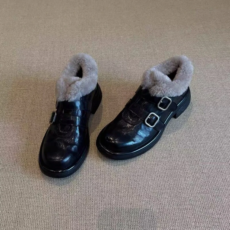 皮带双扣小翻领翘头毛毛鞋加绒保暖2025秋冬新款