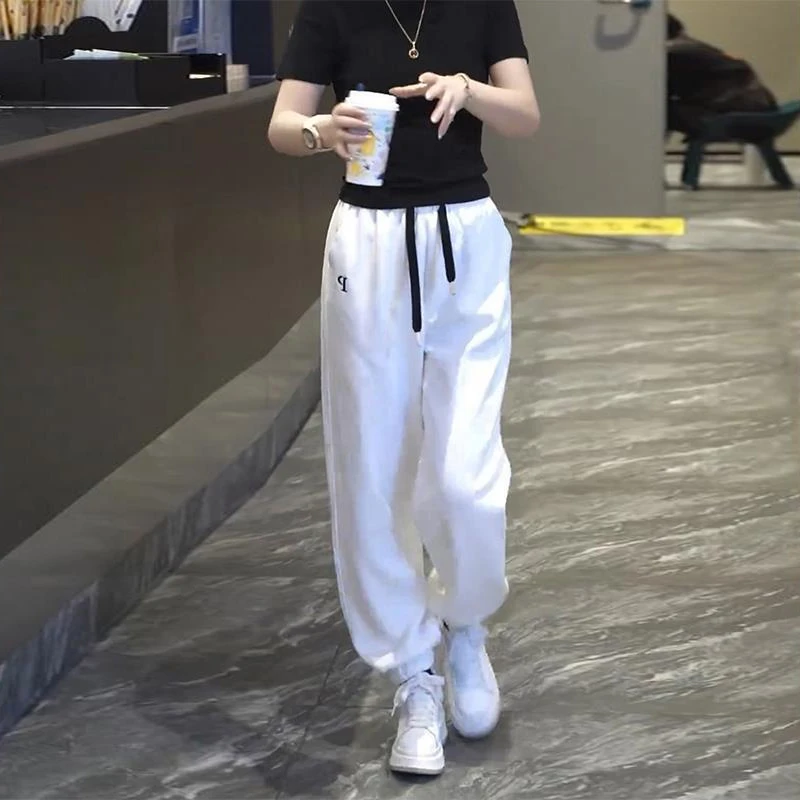 2025夏季新款女士白色高腰系带休闲束脚裤宽松显瘦百搭运动哈伦裤