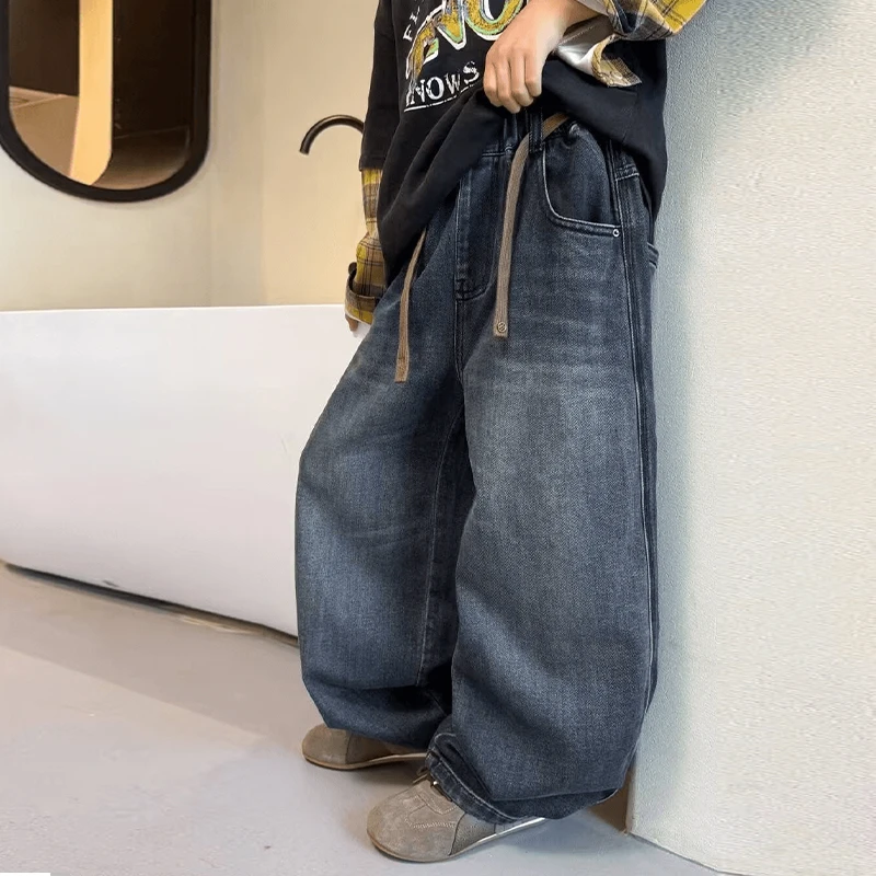 男童韩系牛仔裤宽松阔腿裤春秋中大童洋气复古港风潮酷直筒老爹裤