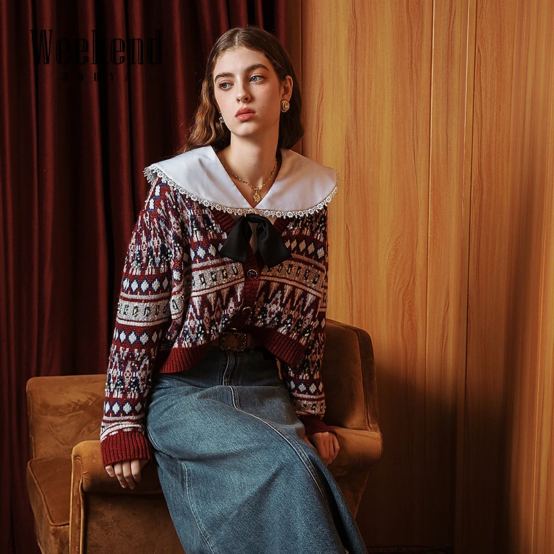 卓雅周末冬新款设计感复古单排扣V领撞色提花针织衫EJWDDU77