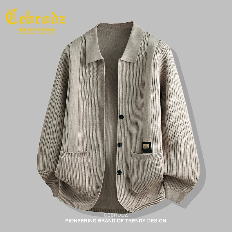 法国Cebrodz高级感翻领针织开衫男款2025秋季商务毛衣休闲外套男