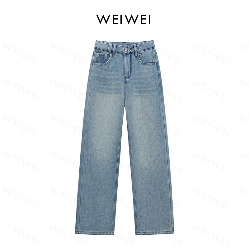 直筒宽松牛仔裤子女秋冬加绒加厚阔腿宽松高腰显瘦百搭休闲裤0162