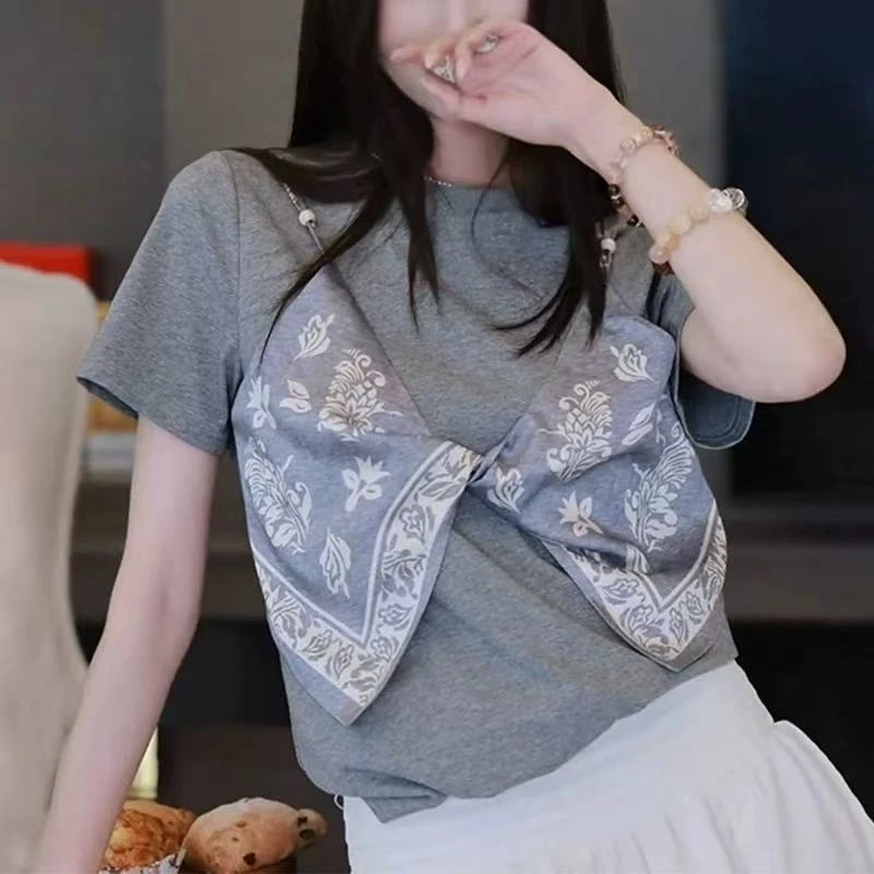 U032 韩系蝴蝶结假两件夏季新款圆领显瘦正肩T恤.