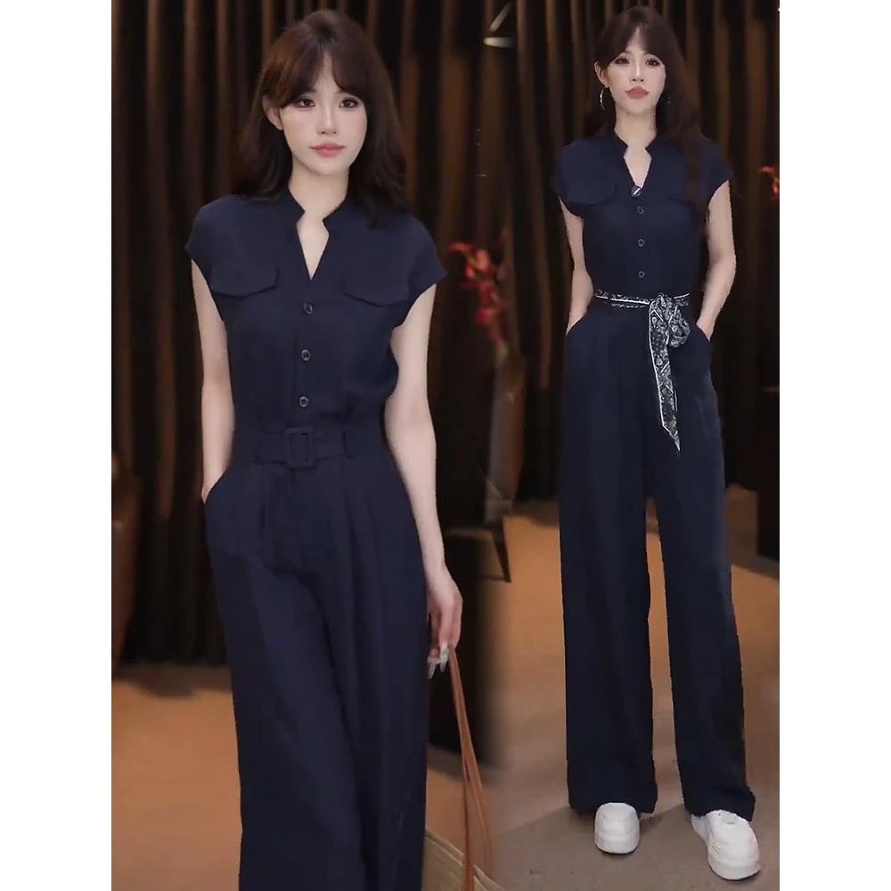 时尚气质连体裤女2025夏季新款收腰显瘦连衣裤减龄休闲阔腿裤套装