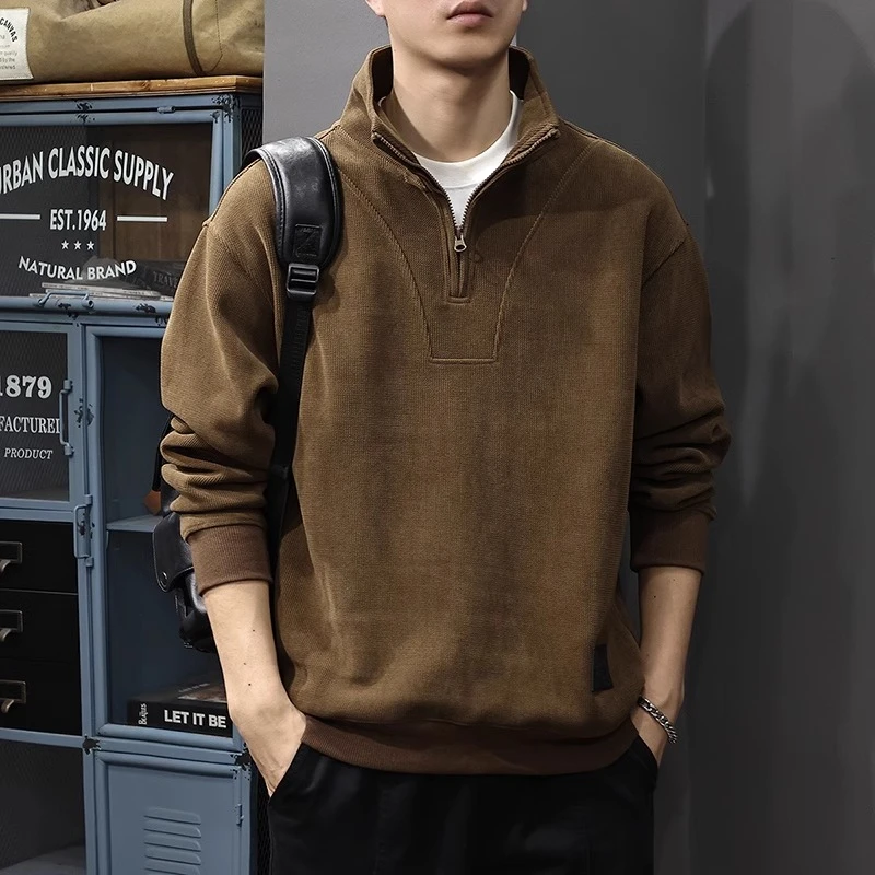 Leekody香港秋冬款美式重磅灯芯绒卫衣男复古宽松半拉链立领上衣