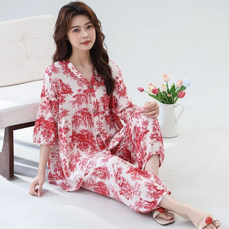 【100%棉绸】春夏季新款棉绸睡衣女宽松大码七分袖长裤家居服套装