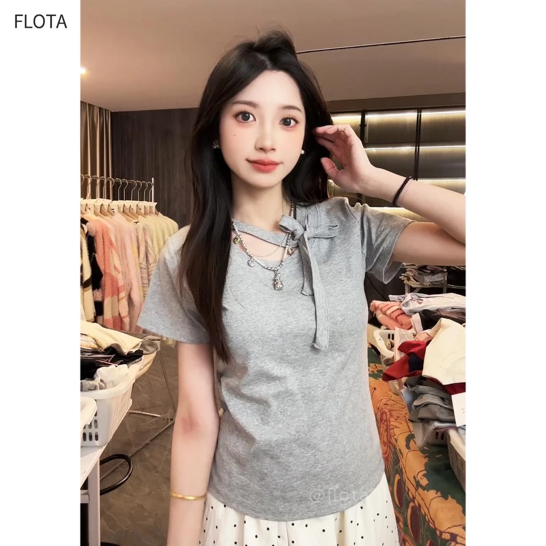 2025夏季新款纯棉短袖T恤女正肩甜美蝴蝶结上衣弹力百搭修身绑带
