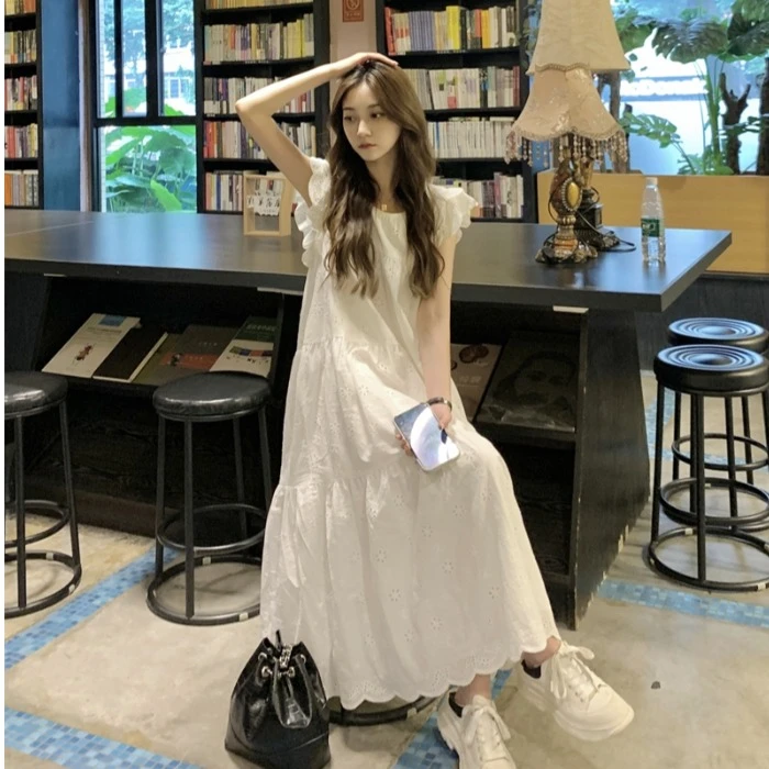 法式小飞袖白色连衣裙夏季13-15岁初高中学生16女大童甜美长裙子