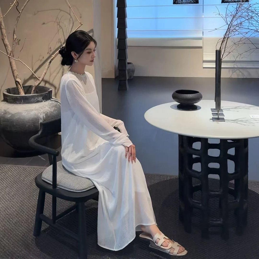 一块冰儿【朝露未晞】珍珠领长款长袖薄透纱宽松两件套连衣裙LB-048