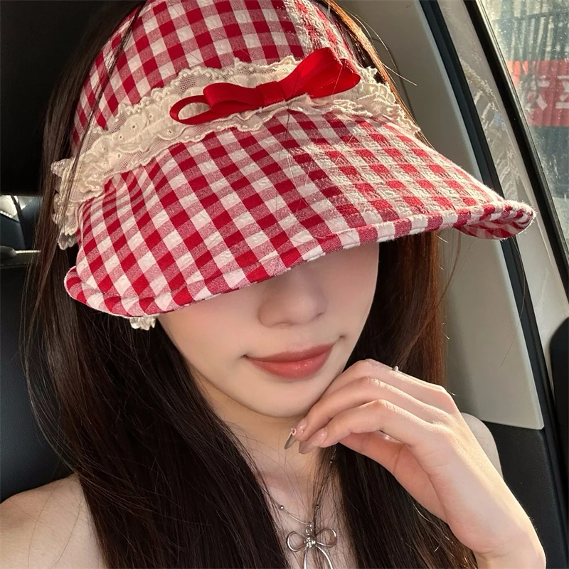 【章鱼梦】红色格纹蝴蝶结空顶帽子女大头围防晒遮阳帽大檐防紫外线