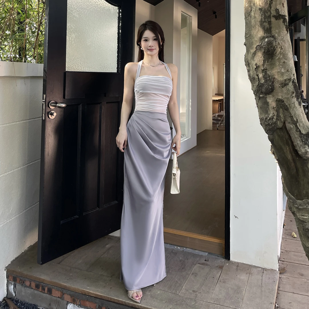 【鱼姬泪】网纱缎面拼接连衣裙2025新款设计感收腰显瘦包臀裙女夏