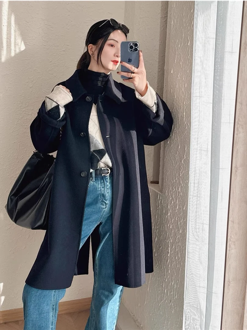 【鑫同辉】羊毛大衣气质时尚时尚女士羊绒宽松毛呢中长A0009黑色