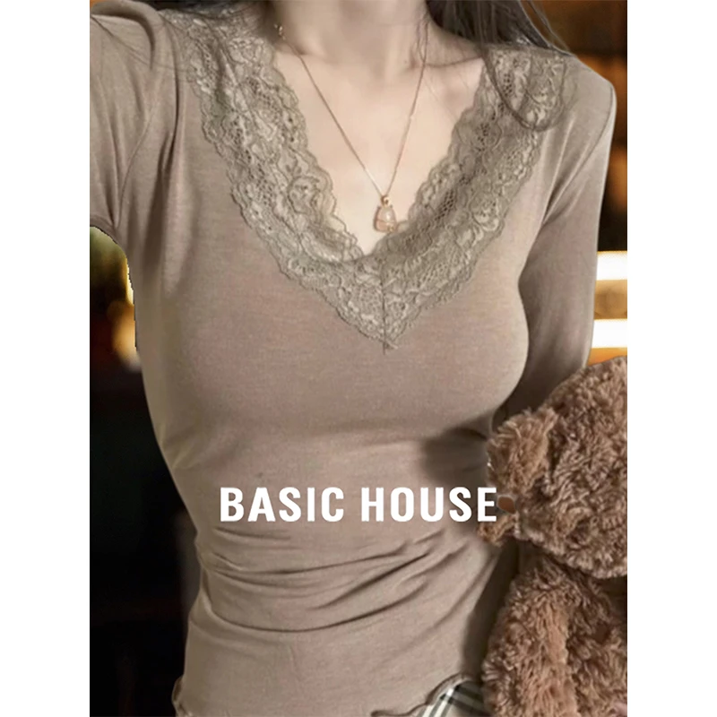 Basic House/百家好卡其色蕾丝v领长袖T恤修身内搭打底衫女2026秋