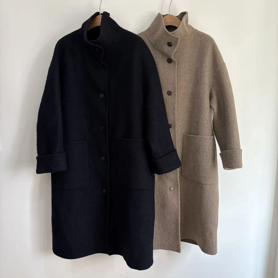 立领单排扣休闲韩系长款大衣12%苏立羊驼80%羊毛