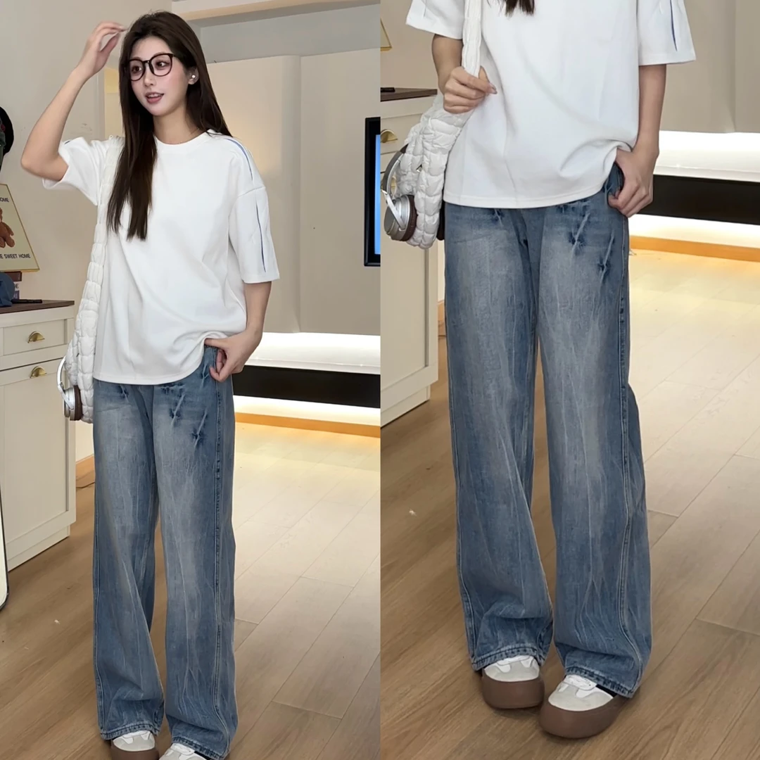 2025春夏新款闪电纹美式牛仔裤男女潮牌高街痞帅高级感宽松直筒裤