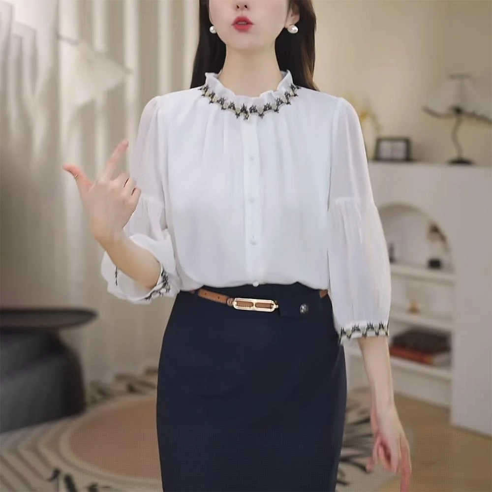 白色衬衫女士夏季2025新款宽松时尚显瘦减龄木耳边设计感长袖上衣