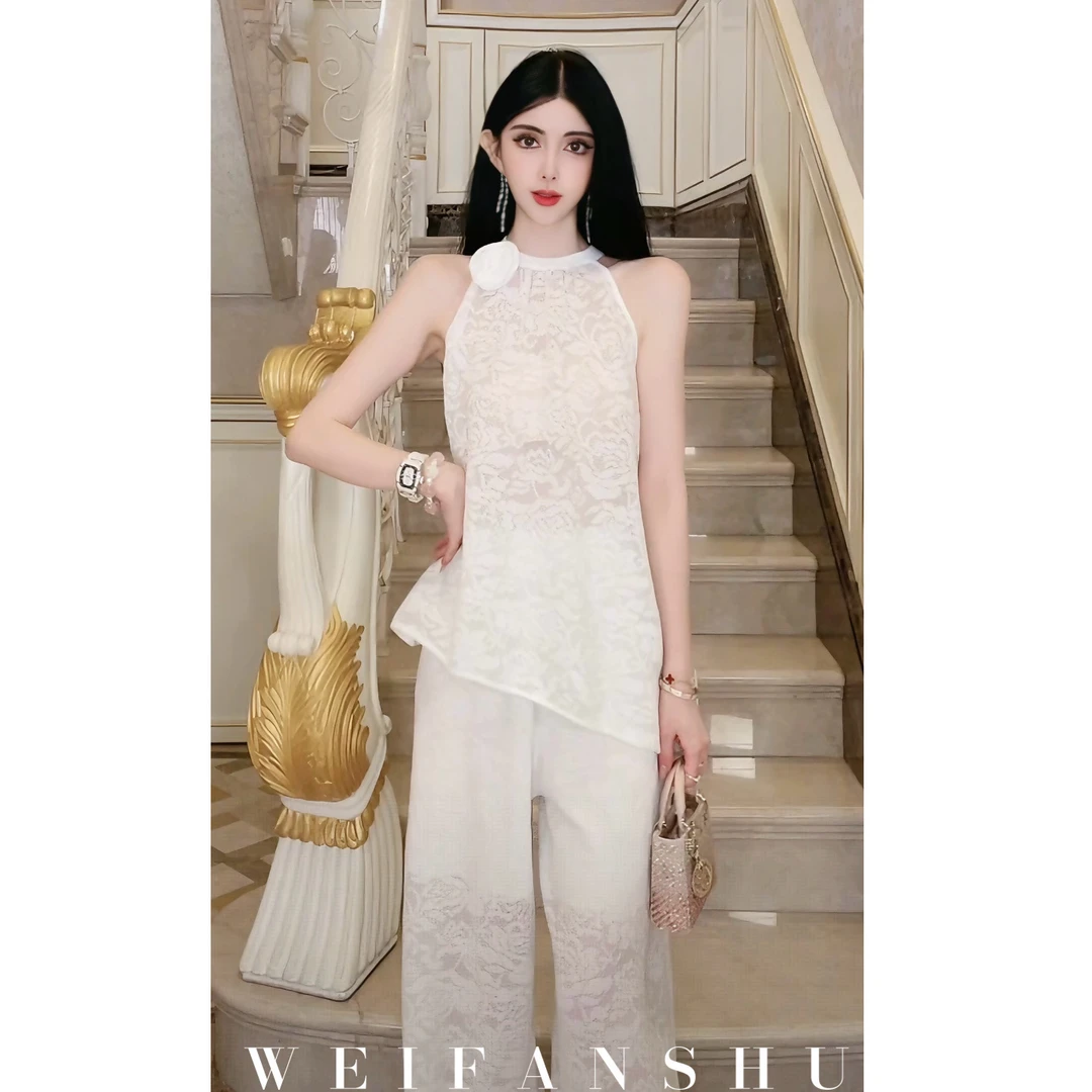 WEIFANSHU/魏凡舒【甜度慕斯】夏季新款气质蕾丝半透休闲无袖套装