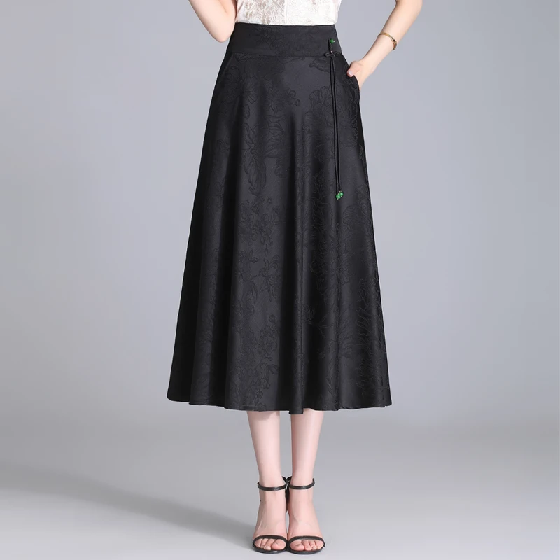 缎面提花国风裙子女春夏2025新款高腰垂感半身裙中长款气质a字裙