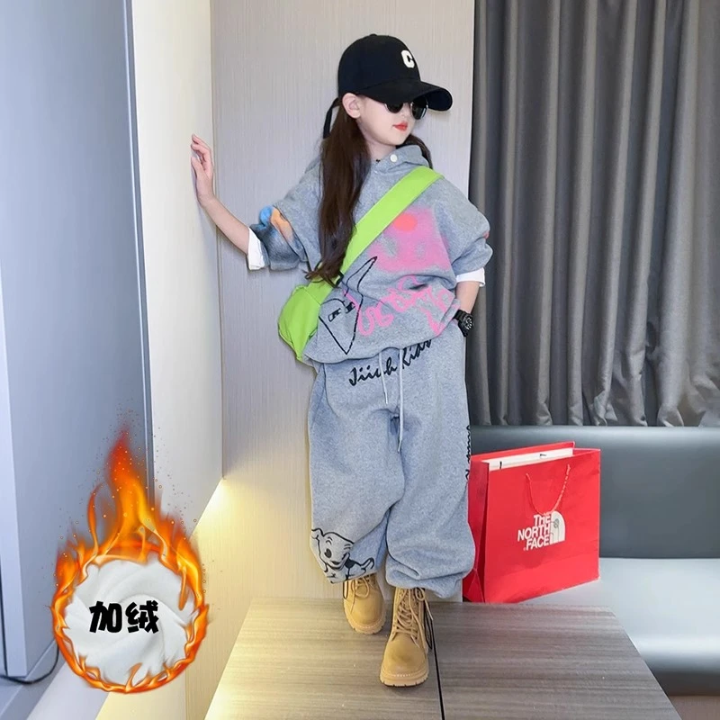 女童加绒套装秋冬2025新款洋气7-15岁潮童卫衣儿童冬装运动两件套