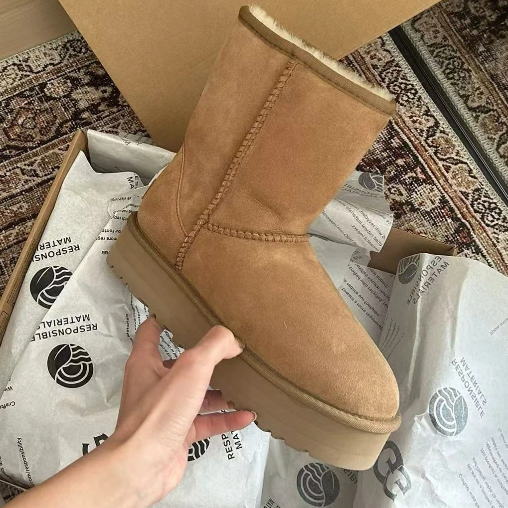 美妞款 5825厚底冬季保暖羊毛皮毛一体雪地靴