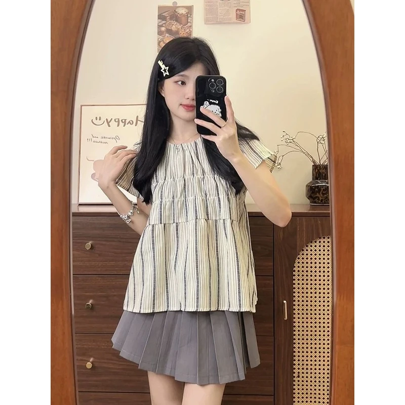 复古条纹小飞袖t恤短袖女新款宽松可爱日系甜妹学院风娃娃衫上衣