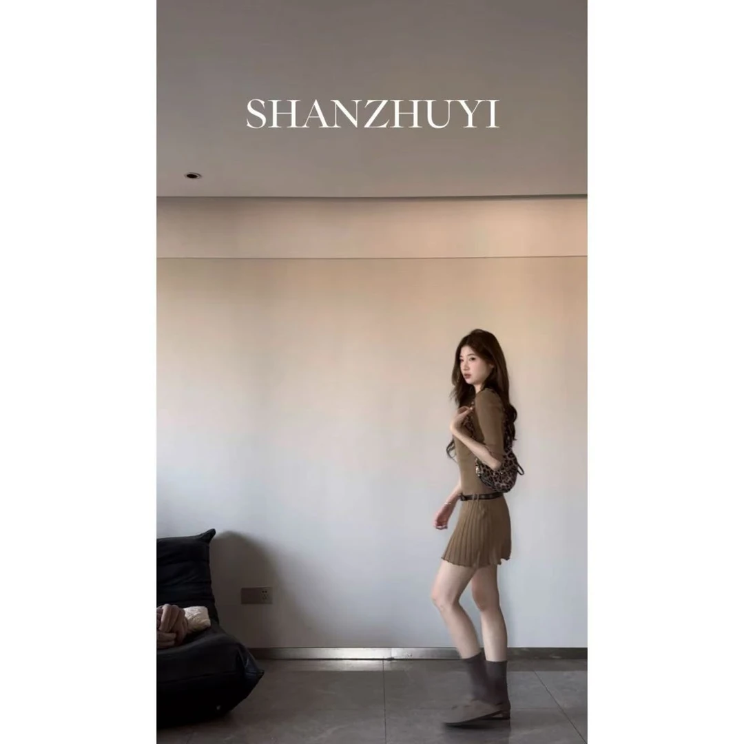 [山住一]榛果咖啡 气质修身内搭针织毛线针织裙+质感皮带