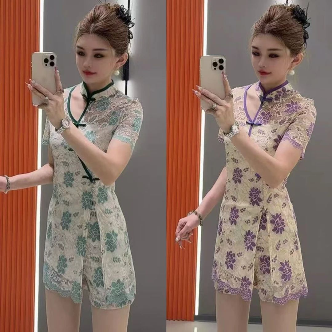 小 8420 国风盘扣镂空右开衩后拉链旗袍裙 加 短裤 两件套