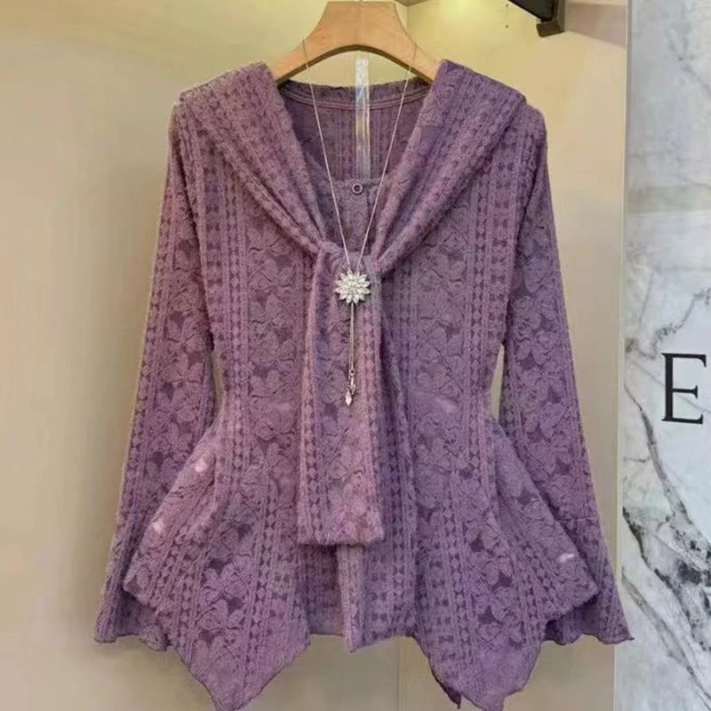 胖妹妹大码女装新款时尚法式时尚设计蕾丝衫不规则洋气显瘦上衣