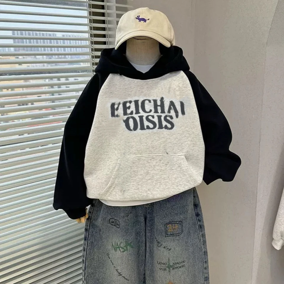 KE009【春款现货】韩版儿童FEI撞色连帽卫衣