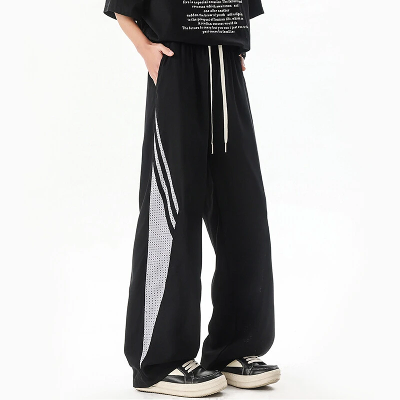 美式速干网眼透气冰丝裤子男夏季薄款直筒运动裤撞色拼接休闲长裤