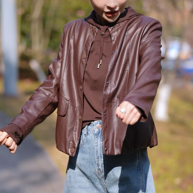 名港OLN602宽松时尚百搭韩版短款休闲女士皮衣咖色皮衣