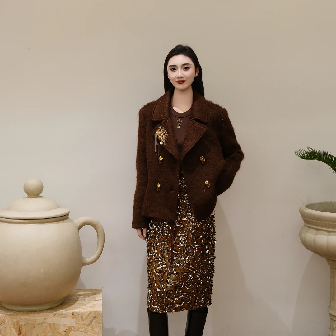 「YJXD」CD 2025AW |秋冬古巴金棕重工短羊毛外套气质显瘦时尚厚