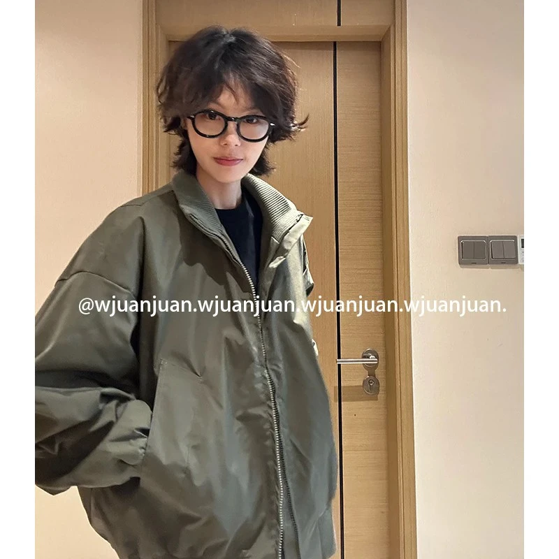 『WJUANJUAN』秋美式高街中性风立领飞行夹克男女短款宽松百搭外套