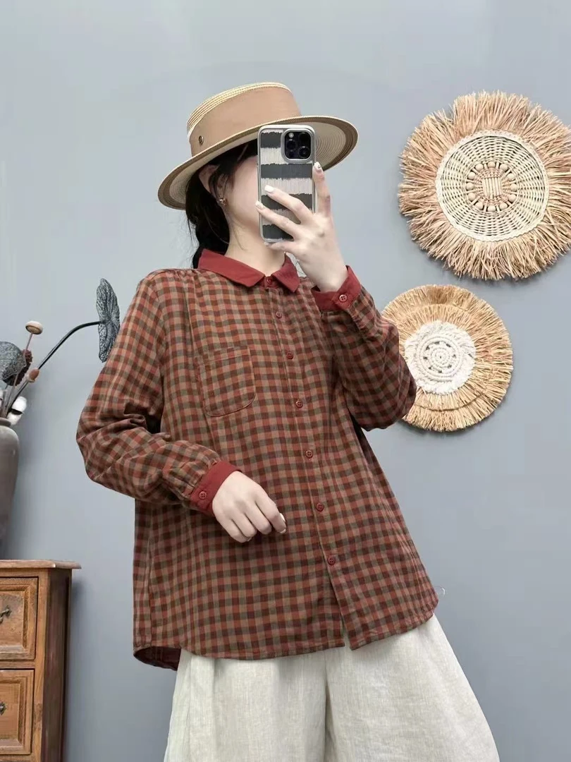 2025春夏新款棉纱色织格纹拼色领衬衫百搭休闲上衣长袖85211