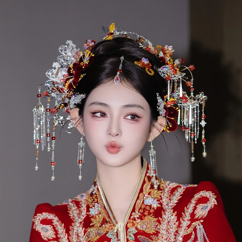 合金婚庆饰品 新娘绒花发饰蝴蝶发簪古风流苏秀禾减龄头饰品G0235