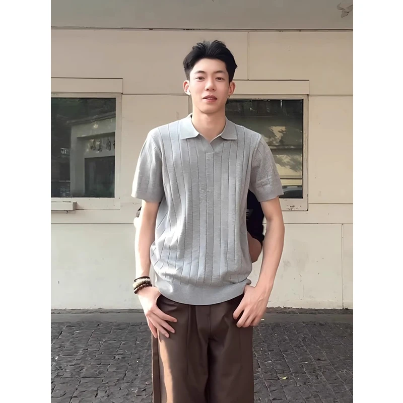 灰色亨利领针织短袖polo衫男款夏季痞帅高级感t恤老钱风美式半袖