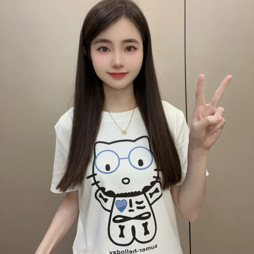 2025夏季新款圆领短袖T恤百搭显瘦上衣女时尚休闲印花