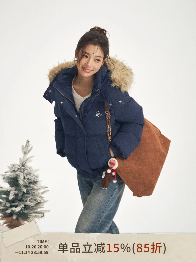 iNSLiiSA连帽毛领藏青色羽绒服女白鸭绒小个子复古设计感加厚外套