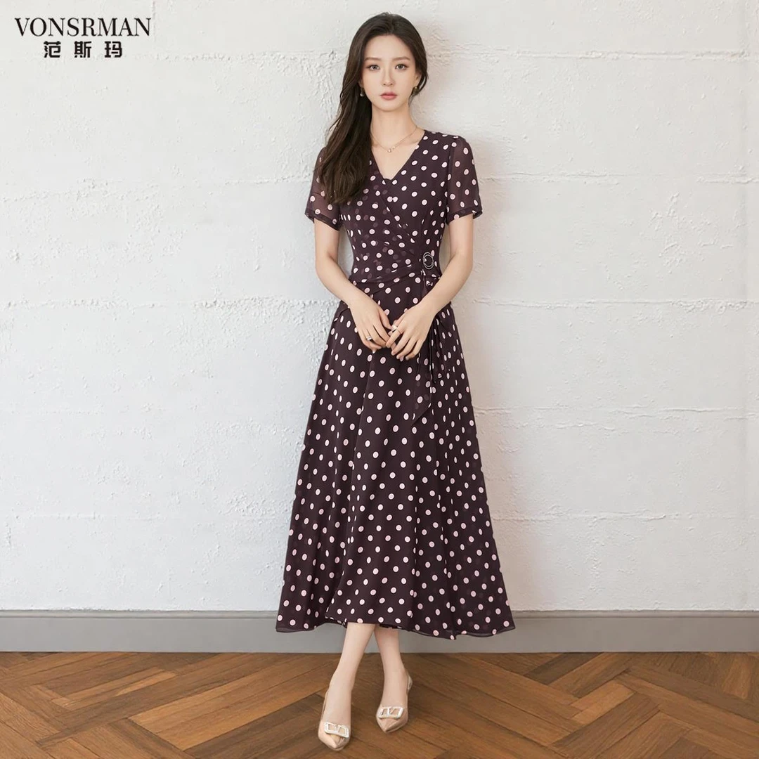 连衣裙女夏季新款设计感时尚复古百搭休闲波点气质显瘦中长裙夏季