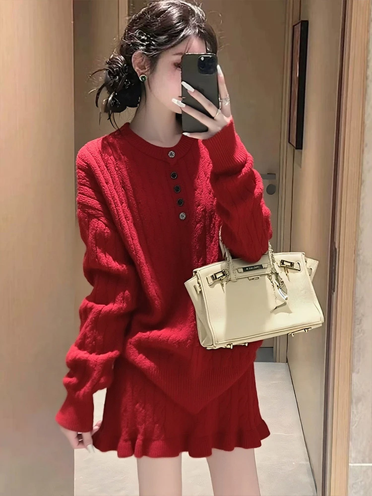 小个子红色毛衣套装女2025新款冬季法式穿搭针织上衣半身裙两件套