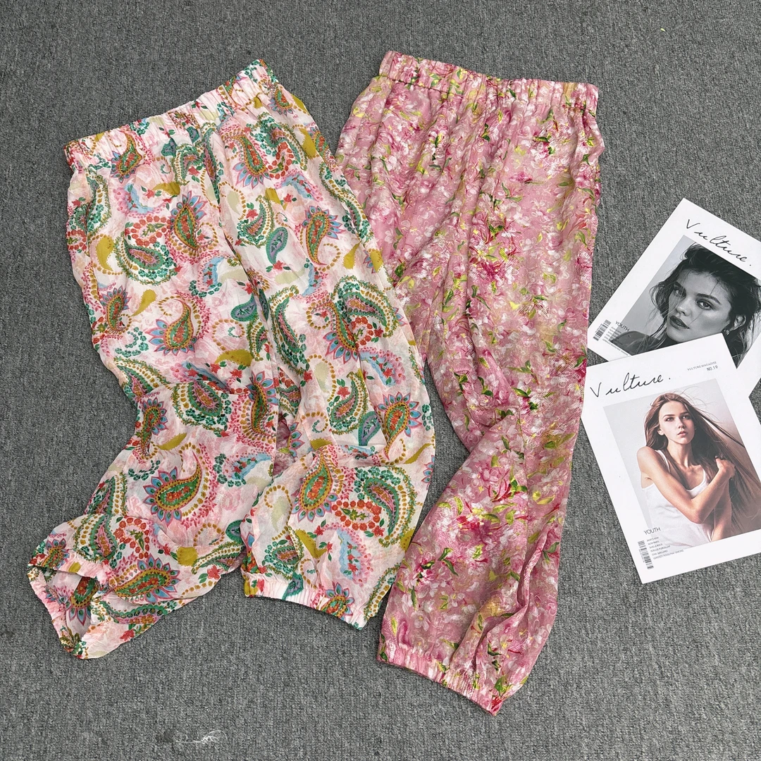 W0921定制款中式复古防晒提花雪纺有里衬收脚八分裤