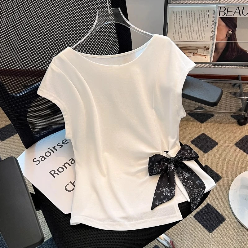 拉夏贝尔白色蝴蝶结短袖t恤女2025新款薄款韩式独特绝美夏日上衣