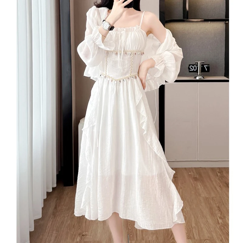 欧若风2025春夏新款法式设计感外披吊带连衣裙两件套装小性感少女