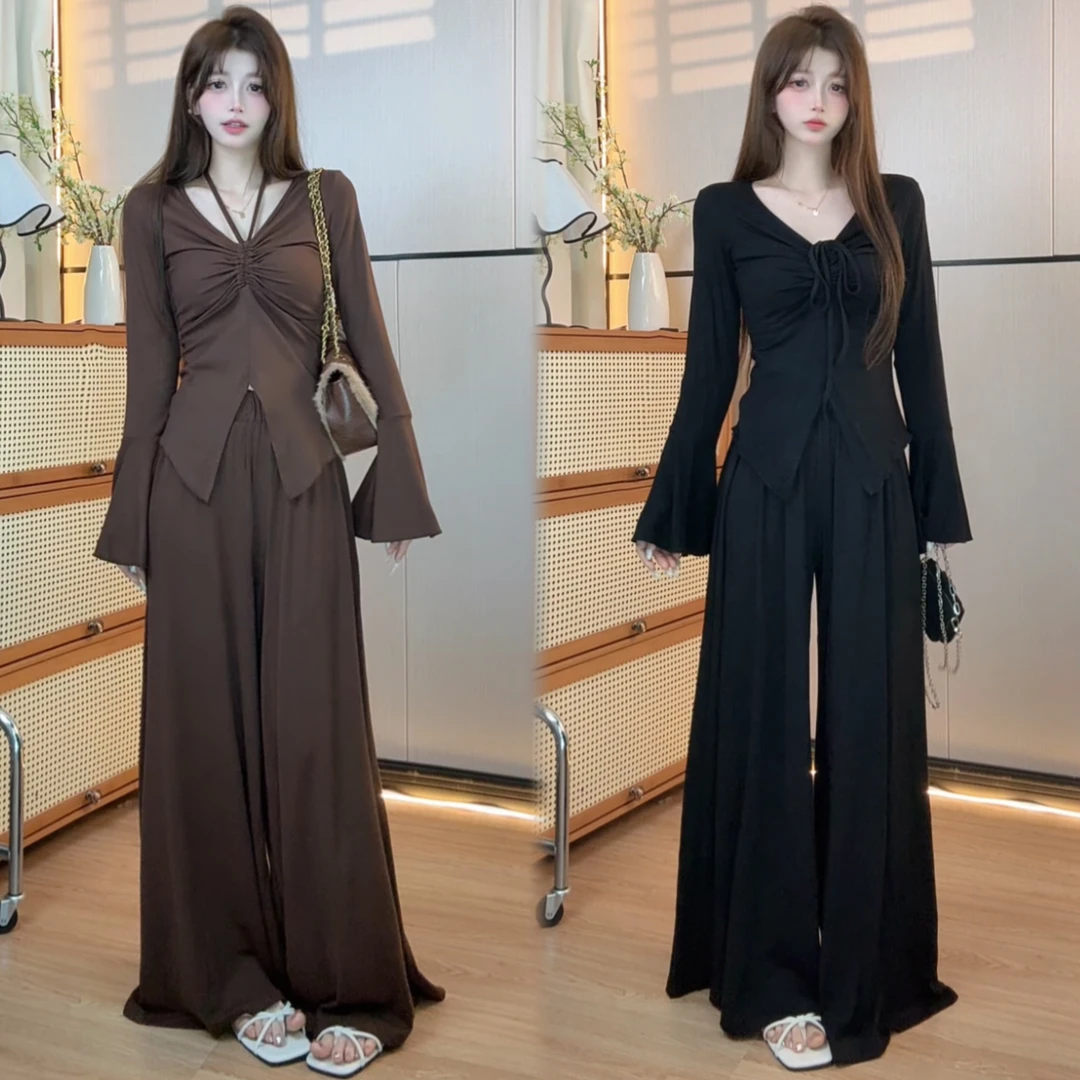 早秋穿搭一整套女韩系慵懒别致领上衣休闲阔腿裤裙2025新款大码