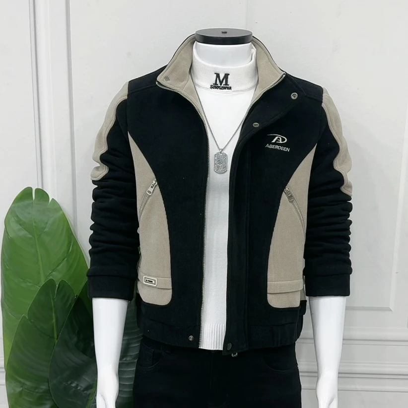 新款男士夹克立领男装免烫帅气秋冬针缝韩版拼色时尚加厚夹克潮流