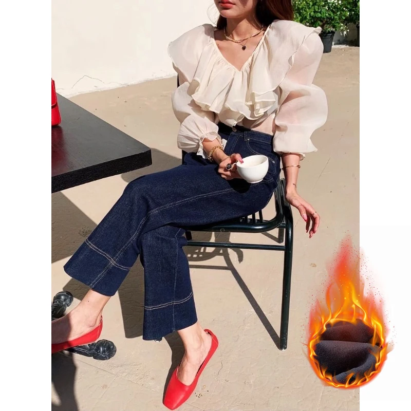 美思源秋冬2025新款防褪色奶奶裤小个子阔腿牛仔裤女加绒九分直筒