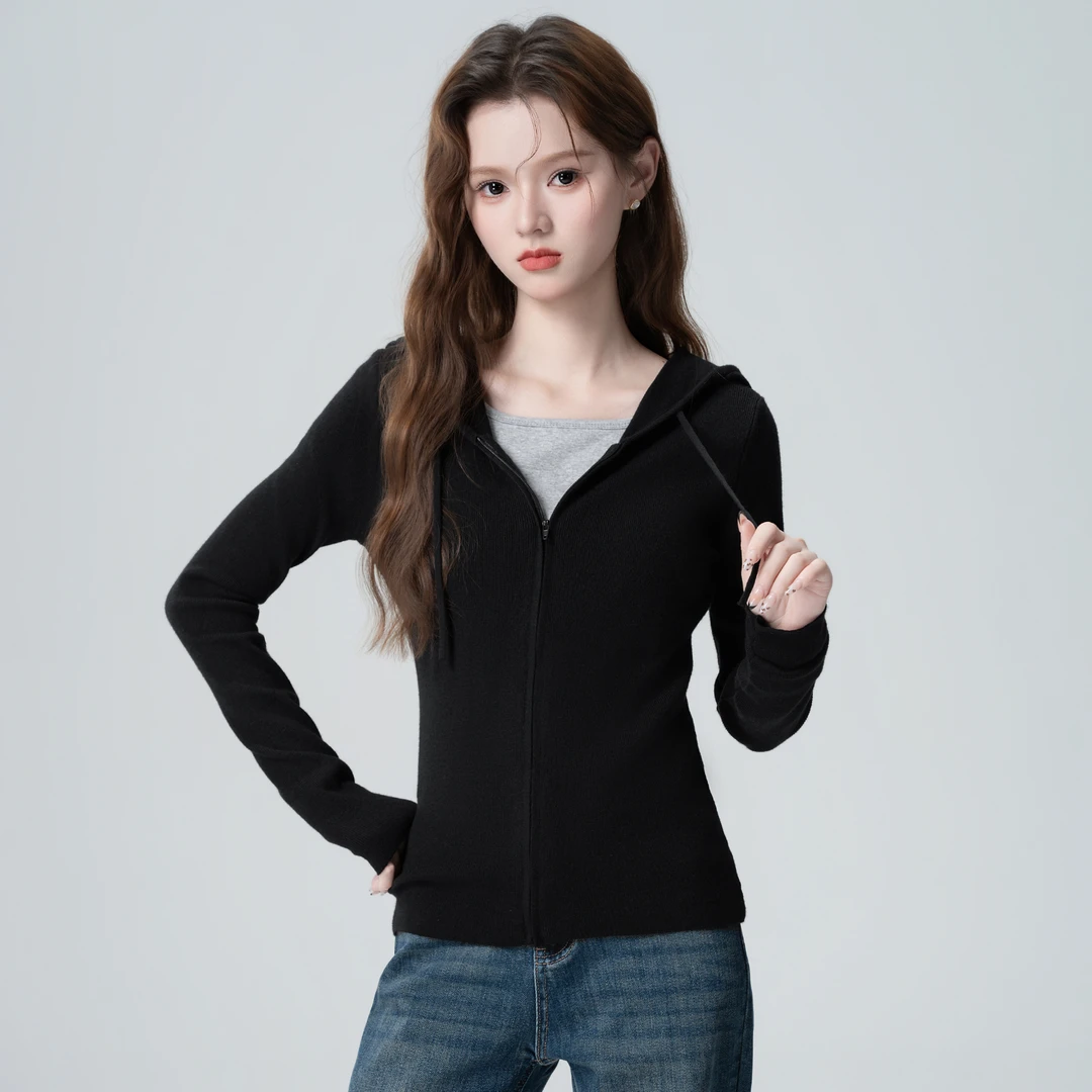黑色连帽针织衫外套女春秋2025秋季新款拉链开衫收腰短款帽衫上衣