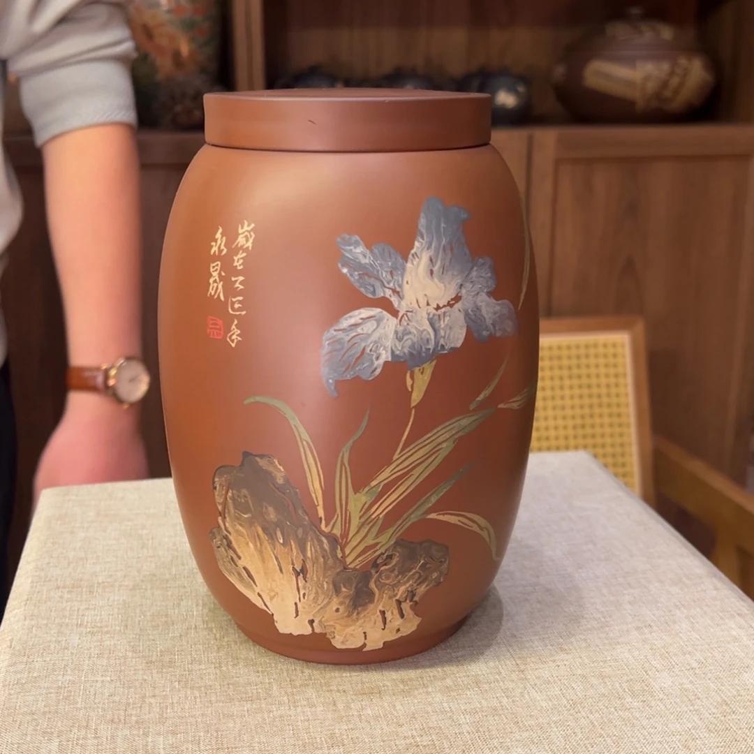 建水紫陶纯手工刻填散茶罐微瑕特价